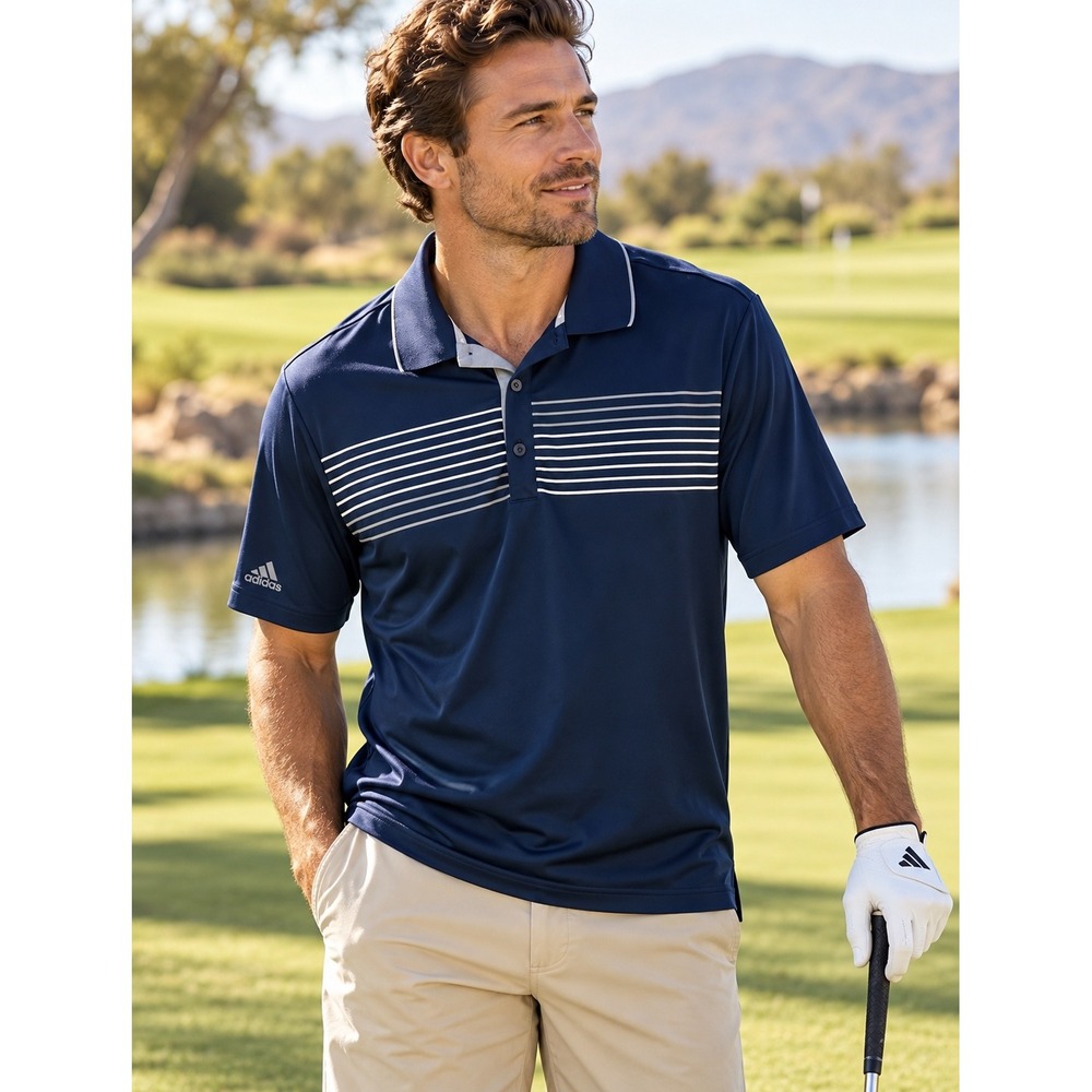 Adidas Golf Mens Medium Navy Blue Striped Performance Short Sleeve Polo Shirt